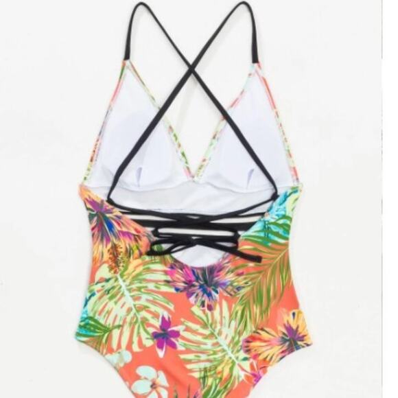 TROPICAL ONE PIECE Bathing Suit Sz L Yellow Mesh Barbiecore Floral GORGEOUS - Picture 7 of 13